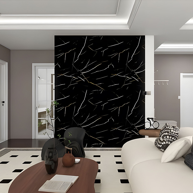 Película de transferência PET para decoração de parede de fundo de sala de estar em seda preta dourada